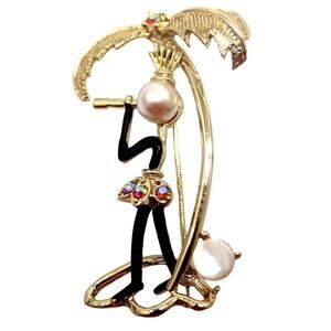 Ethnic Lady Under Palm Tree • Faux Pearl Head • AB Rhinestone Brooch Pin